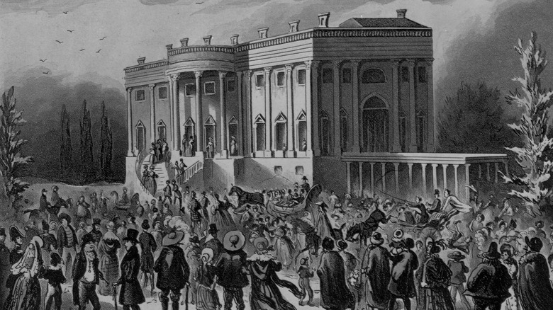 Illustration of crowd gathering around White House