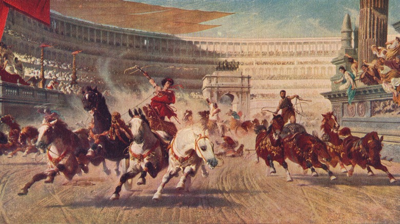 Ancient chariot race horses running