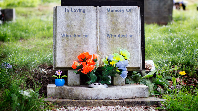 A headstone shaped like an open book