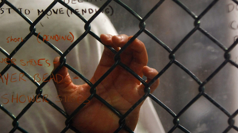 A detainee stands at an interior fence in Guantanamo