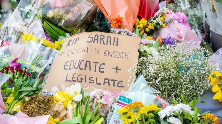 Sarah Everard sign and flowers