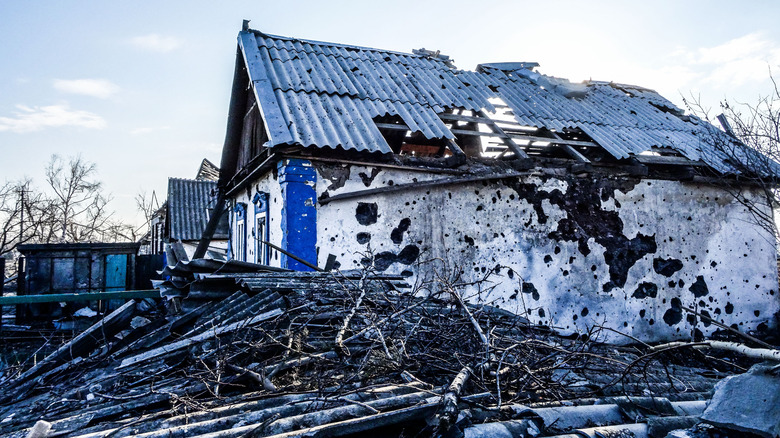 destroyed building in Ukrainian village