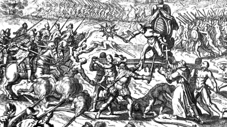 Incas battling conquistadors woodcut