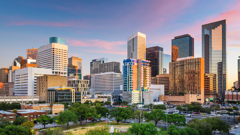 The Houston skyline at sunrise