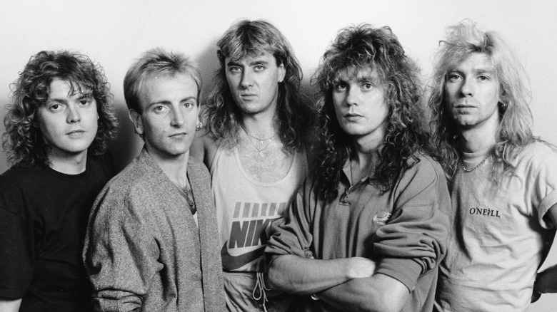 Black and white photo of Def Leppard in 1987