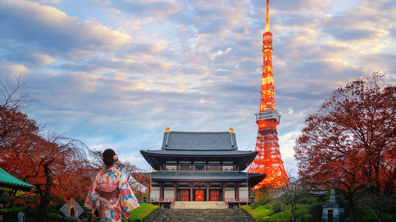 A woman walking to Zojo-ji temple in Japan