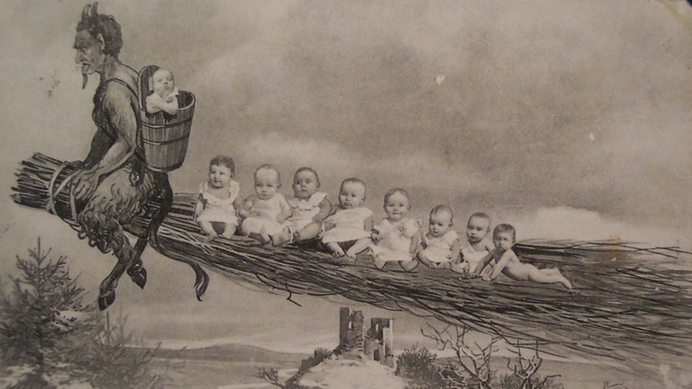 Krampus flying on a broom full of babies