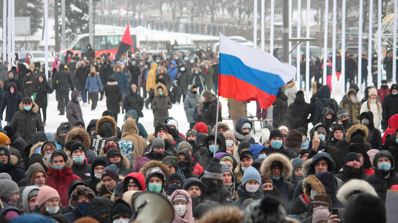 Crowd with Russian flag