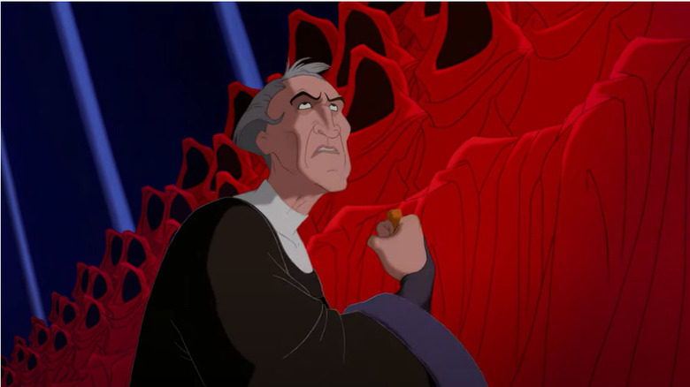 Judge Claude Frollo and cloaked figures