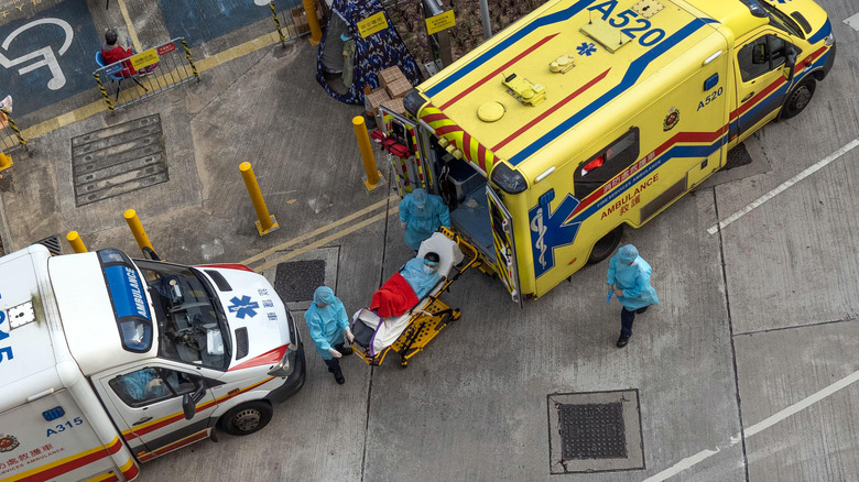 a pair of Chinese ambulances