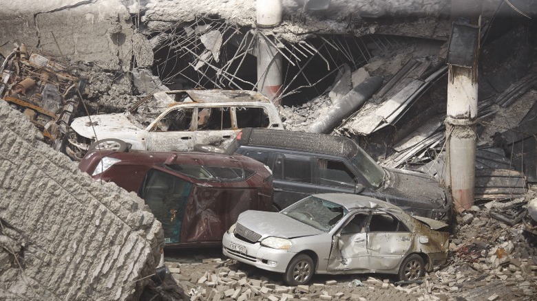 Westgate wreckage with collapsed building and cars