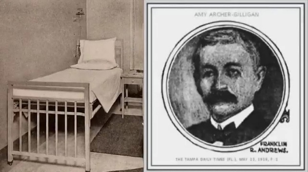 Old fashioned hospital bed next to portrait of Franklin Andrews