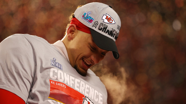 Patrick Mahomes at the 2022 AFC Championship in a Championship hat