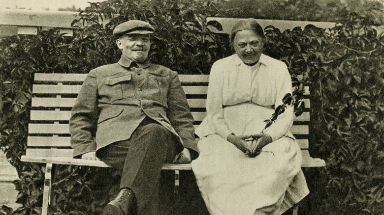 Nadezhda Krupskaya sitting with Lenin