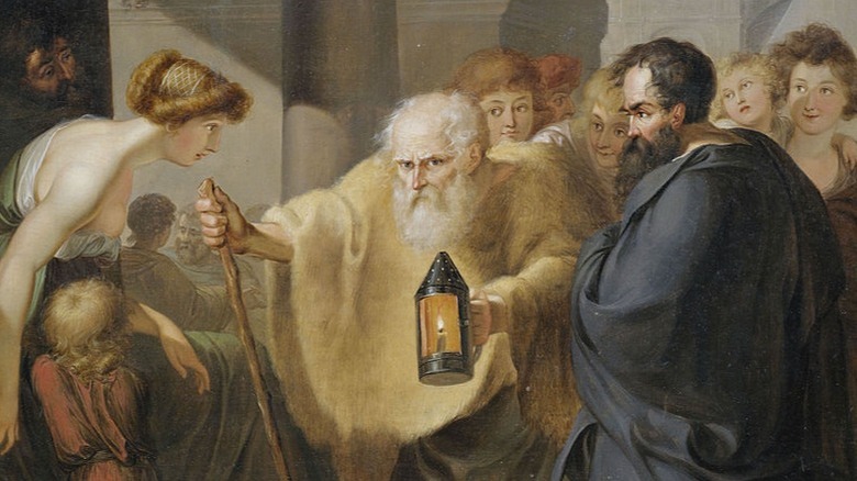 Diogenes searching crowd with lamp