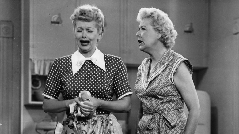 Ethel Mertz speaking to Lucy Ricardo crying