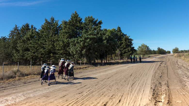 mennonite children dirt road and trees