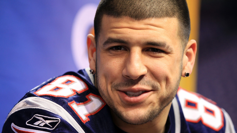 Aaron Hernandez in uniform new england patriots