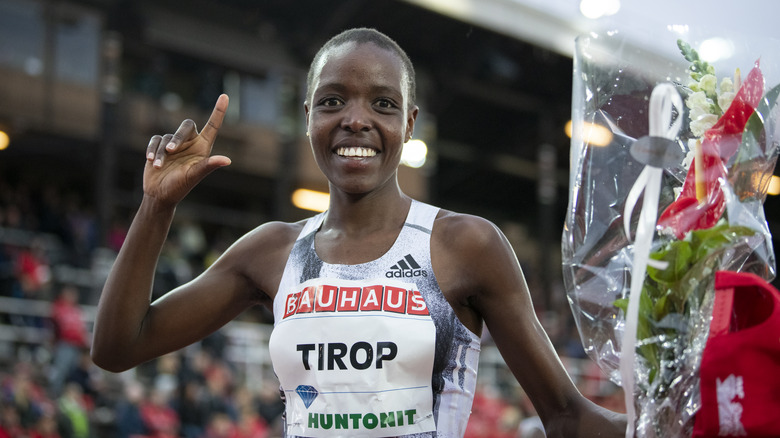 Agnes Tirop after winning a race