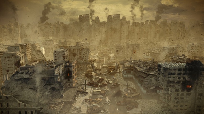 Apocalyptic cityscape with smoking buildings