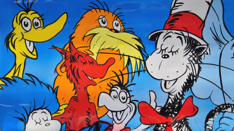 Seven of Dr Seuss' colorful characters, including the Cat in the Hat and the Lorax