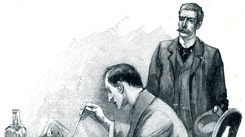 An illustration of Holmes and Watson working on a case