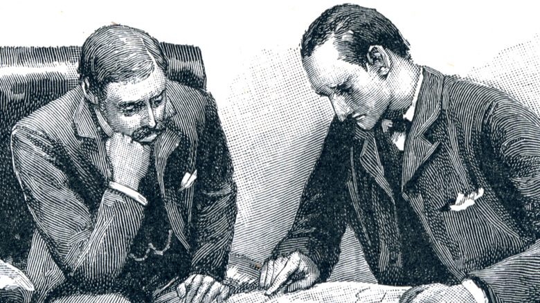 An illustration of Holmes and Watson reading a newspaper