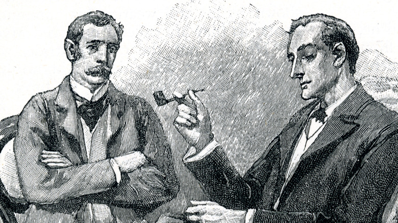 A drawing of Holmes and Watson sitting and deliberating