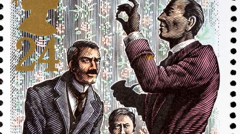 A stamp shows Watson, Holmes and Lestrade figuring out a case