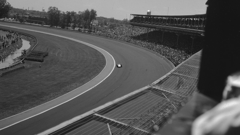 black and white vintage Indy 500 track