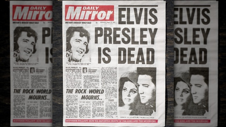 Tabloid newspaper reporting the death of Elvis Presley front page