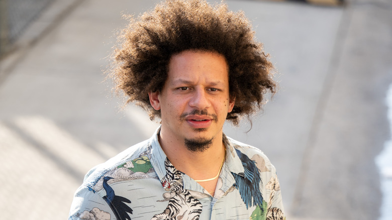 Eric Andre walking outside with animal print shirt