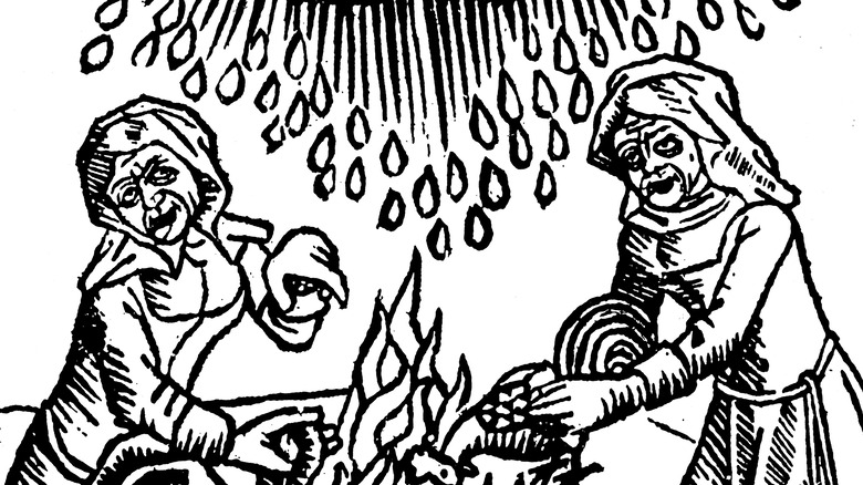 Woodcut of witch weather-making