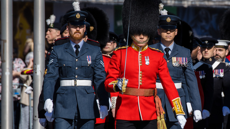 An officer of the Welsh guards leads a military parade