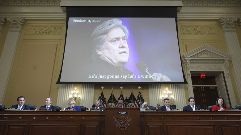 A video of Steve Bannon during a hearing from the House Select Committee to Investigate the January 6 Attack