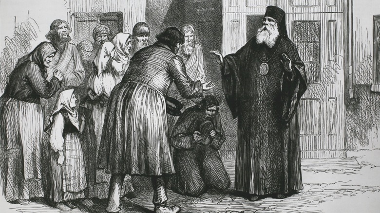 Priest giving aid during famine, 1891