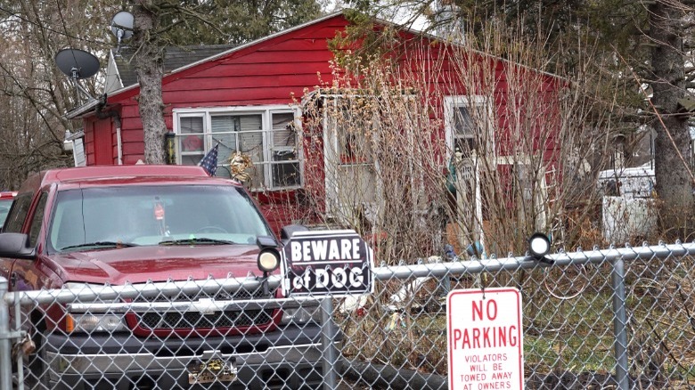 red house, truck, fence, sign