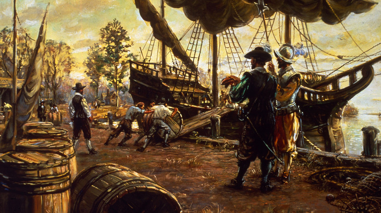 Men loading cargo on ships in Colonial Jamestown, Virginia