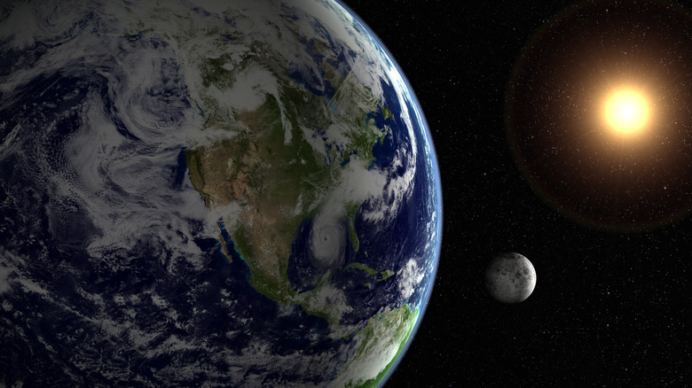 The Earth, moon, and sun in orbit