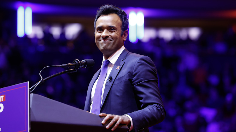 Vivek Ramaswamy at podium during Trump Madison Square Garden rally