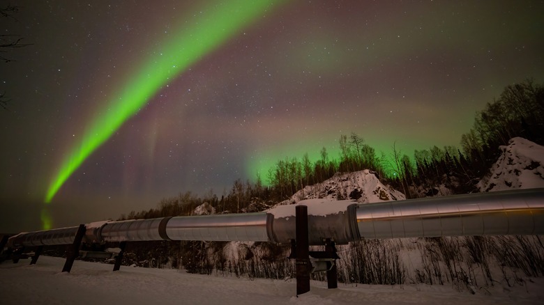 Trans-Alaska Pipeline at night Northern Lights