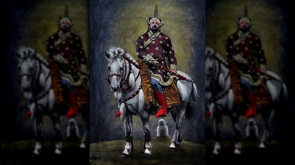 Painting of Attila the Hun on horseback