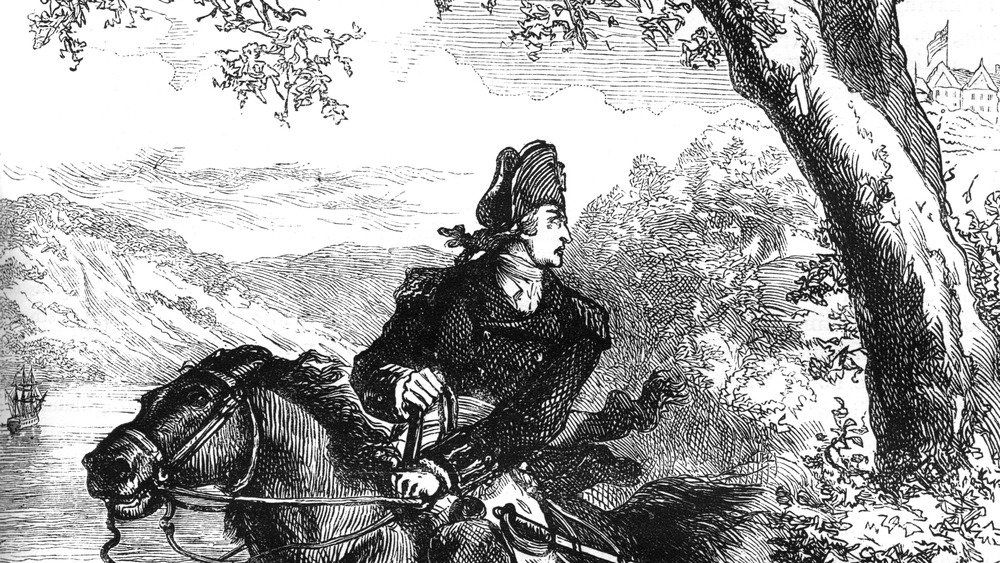 Benedict Arnold escaping on horse.