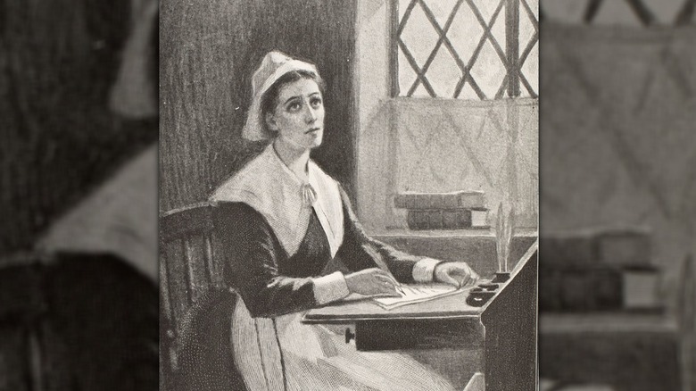 Drawing of Anne Bradstreet looking up while writing