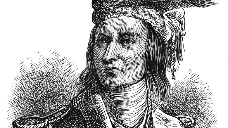 Etching of Tecumseh in a feathered hat