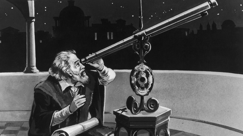 drawing of Galileo with telescope