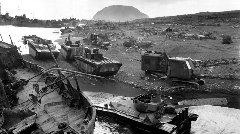 Battlefield of Iwo Jima tanks boats