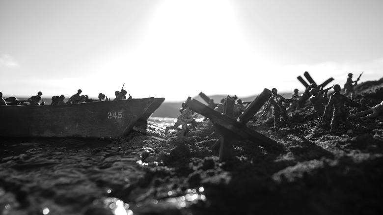 D-Day reconstruction landing craft on beach