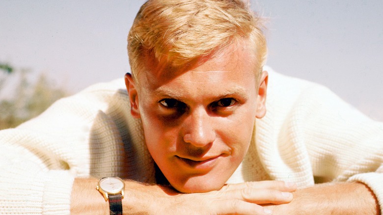 Tab Hunter portrait blond hair white sweater watch