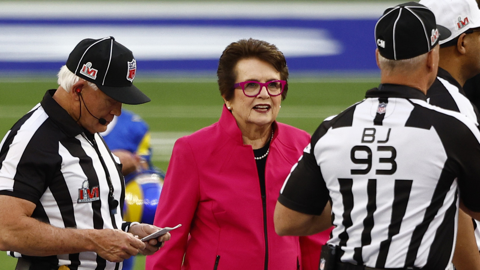 Tennis great Billie Jean King performs the coin toss before the